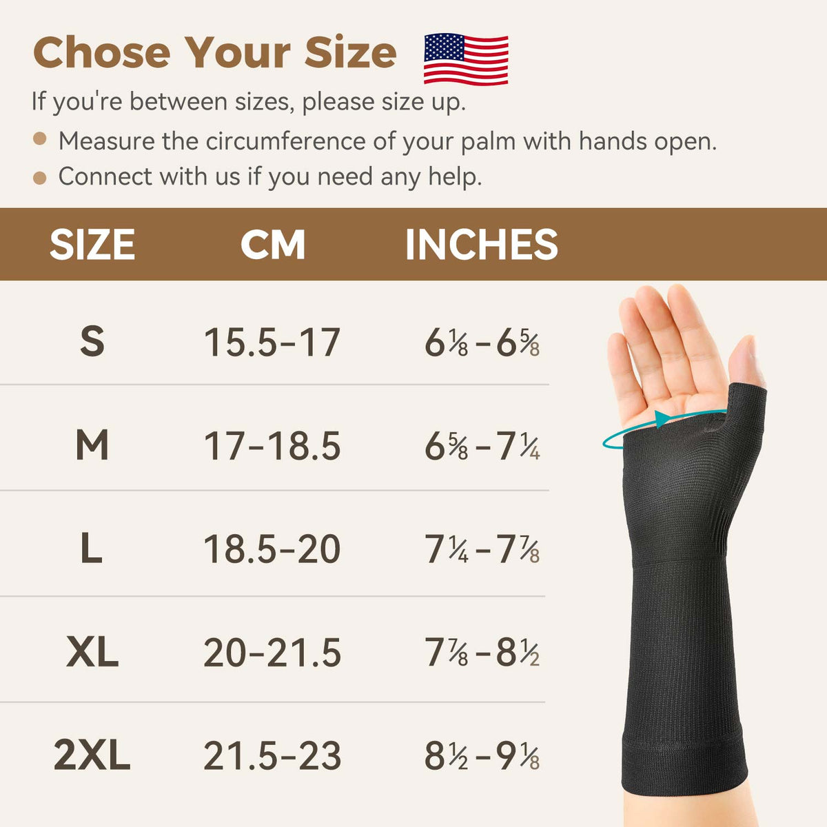 FORTEMOTUS size chart: measure palm circumference, size up if between sizes. S 15.5-17cm, M 17-18.5cm, L 18.5-20cm, XL 20-21.5cm, 2XL 21.5-23cm.