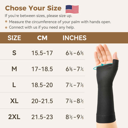 FORTEMOTUS size chart: measure palm circumference, size up if between sizes. S 15.5-17cm, M 17-18.5cm, L 18.5-20cm, XL 20-21.5cm, 2XL 21.5-23cm.