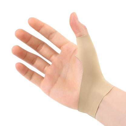 Beige Fortemotus elastic compression sleeve worn on a hand, covering the thumb base and wrist for lightweight support
