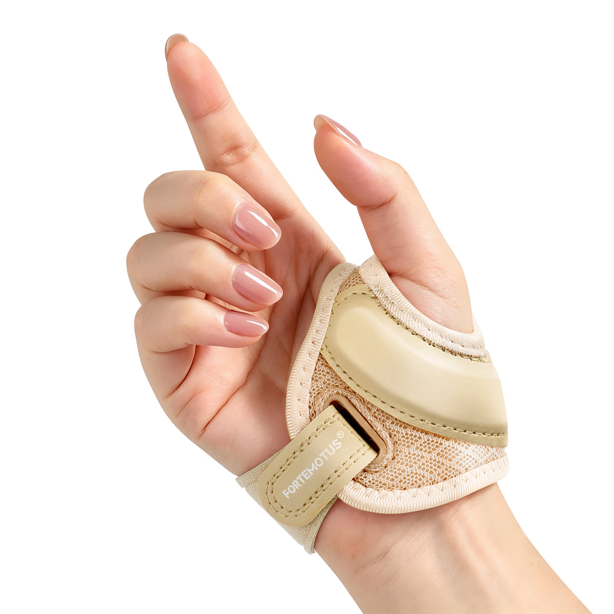 Close-up view of beige FORTEMOTUS thumb brace on hand. Shows inner padded structure and branded adjustable strap against plain.