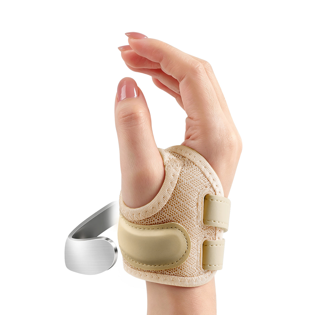 Hand wearing beige FORTEMOTUS thumb brace. It features built-in fixed metal stabilizer.