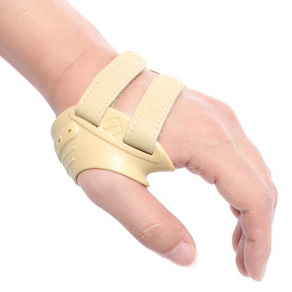 Beige CMC thumb brace worn on a hand, featuring two adjustable straps and a rigid shell to stabilize the base of the thumb