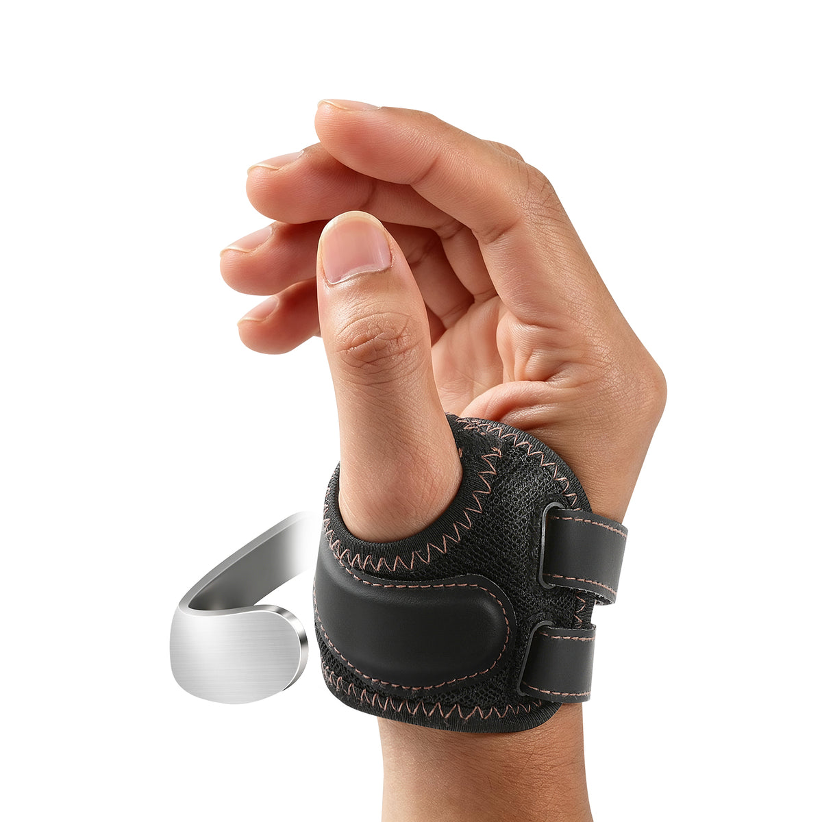 A man is wearing a black finger splint with contrasting stitching, while an inset illustration shows the splint's built-in support strip.
