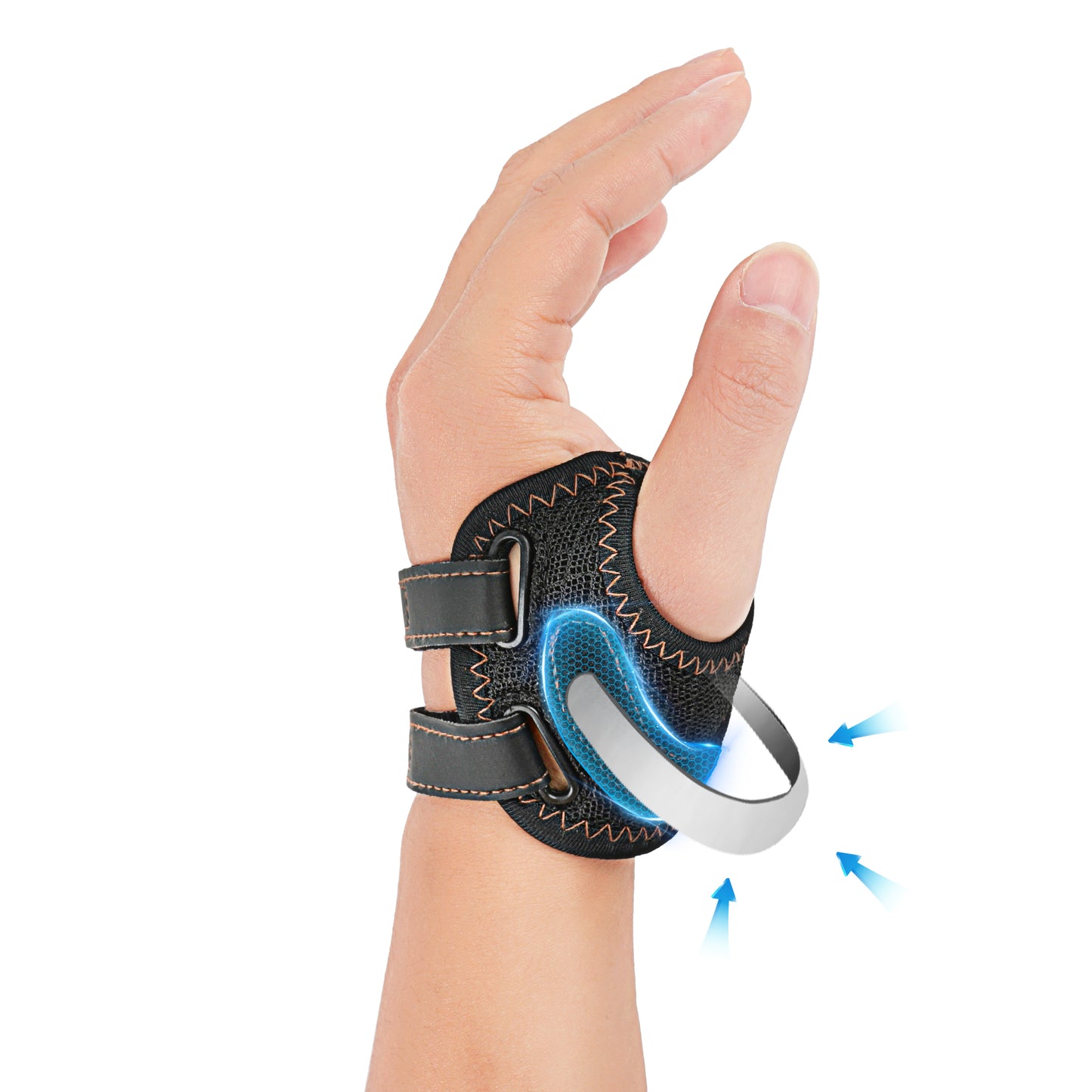 Fortemotus CMC Thumb Brace for left hand, showing built-in contoured metal splint that provides targeted CMC joint support and stabilization