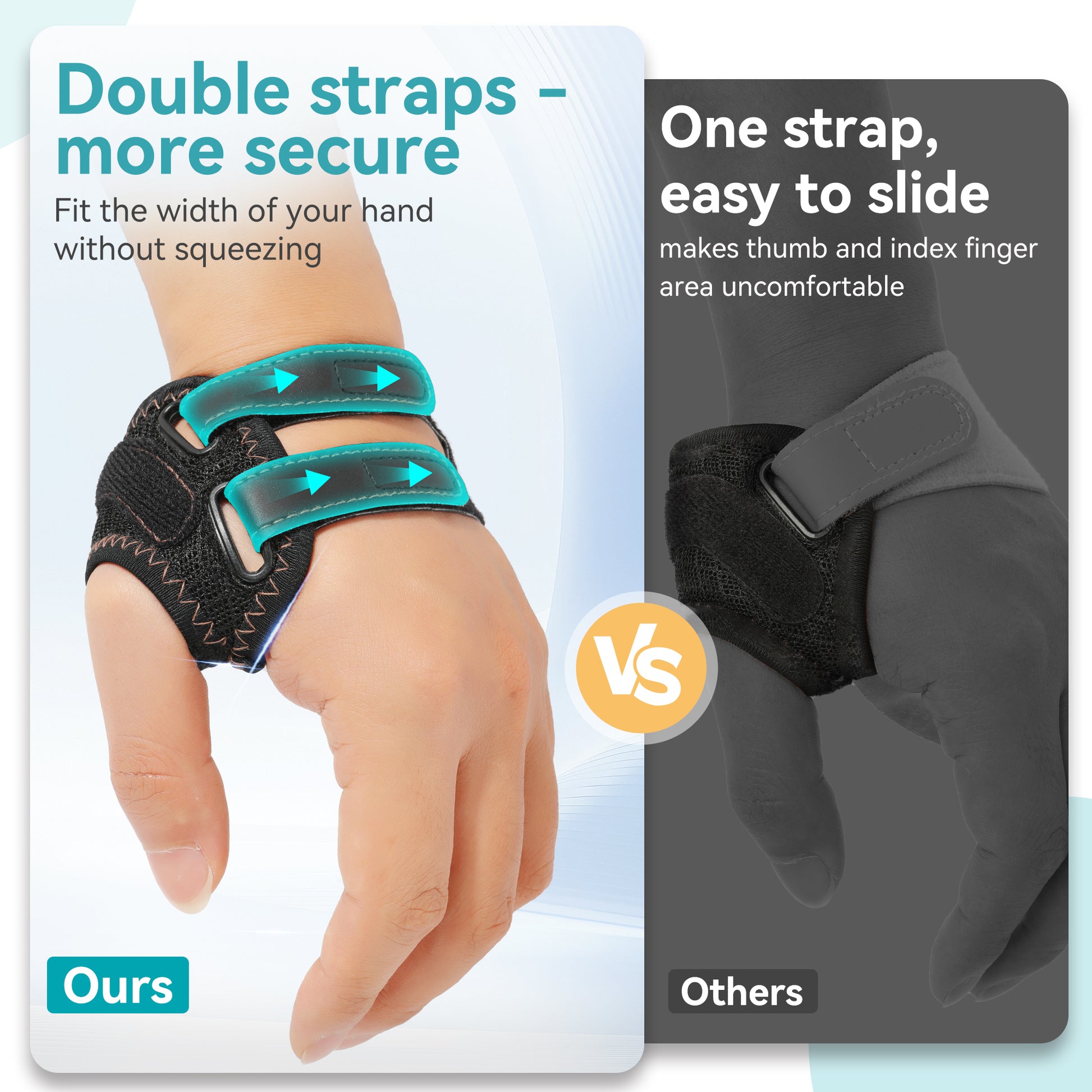 CMC Thumb Brace with double straps vs competitor single strap wrist brace, showing more secure fit and comfort for thumb support