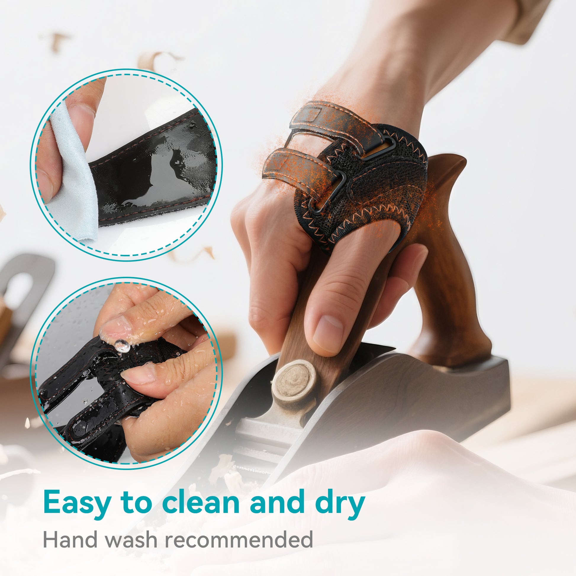 Fortemotus CMC thumb brace being cleaned and dried, showing water-resistant material and easy hand wash care
更短版