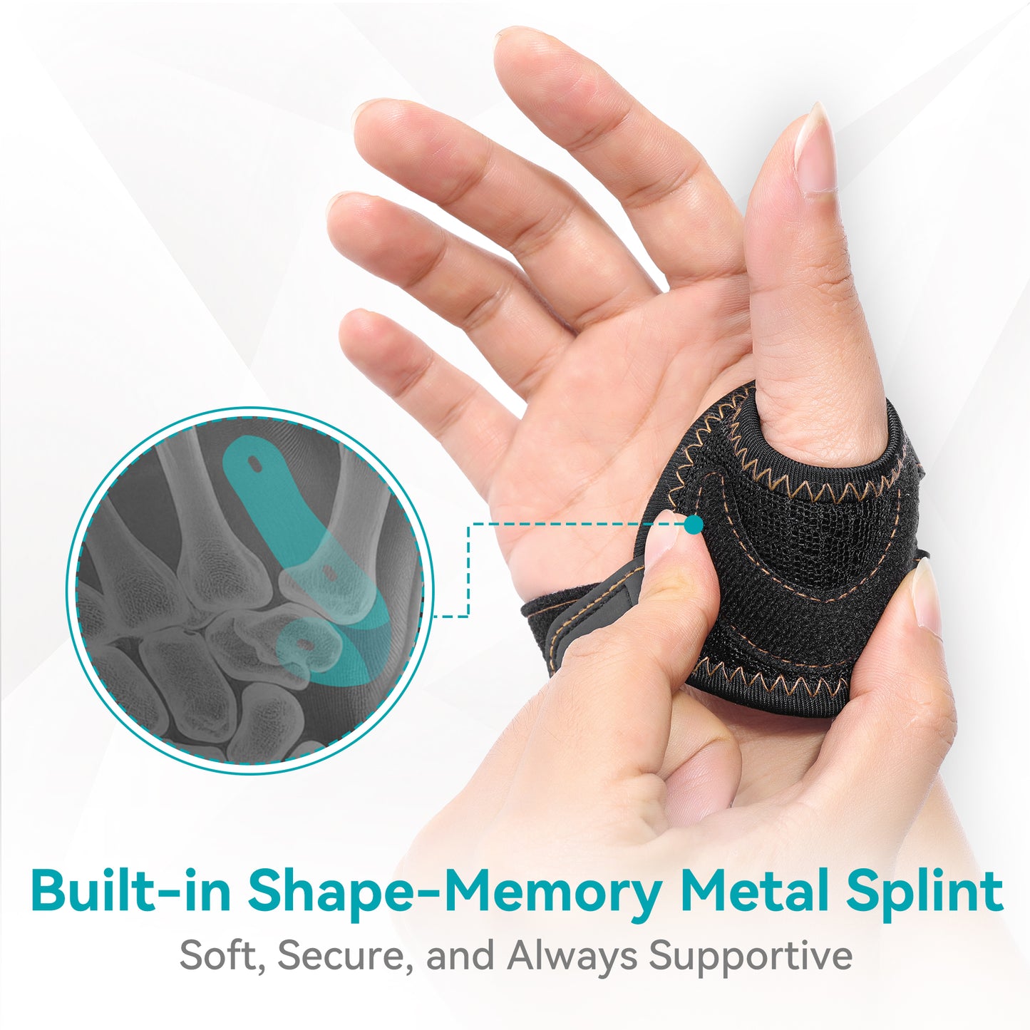 Fortemotus CMC Thumb Brace with built-in shape-memory metal splint, showing the internal support structure and secure stabilization for CMC joint pain relief
