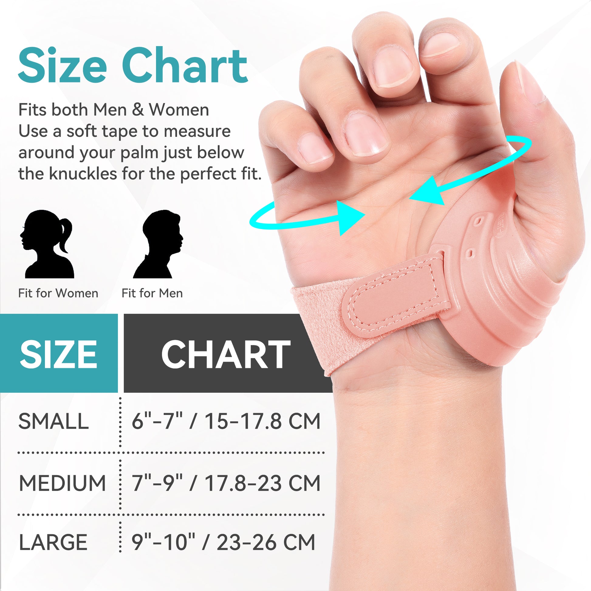 CMC thumb brace size chart for men & women, S 6-7", M 7-9", L 9-10", measuring guide for this thumb arthritis brace
