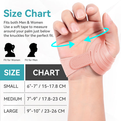 CMC thumb brace size chart for men & women, S 6-7", M 7-9", L 9-10", measuring guide for this thumb arthritis brace
