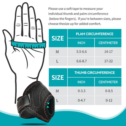 Size chart. Measure palm. Size up if between sizes. Palm M 5.5-6.6in, L 6.6-8.7in. Thumb M 0-3.3in, L 0-4.7in.