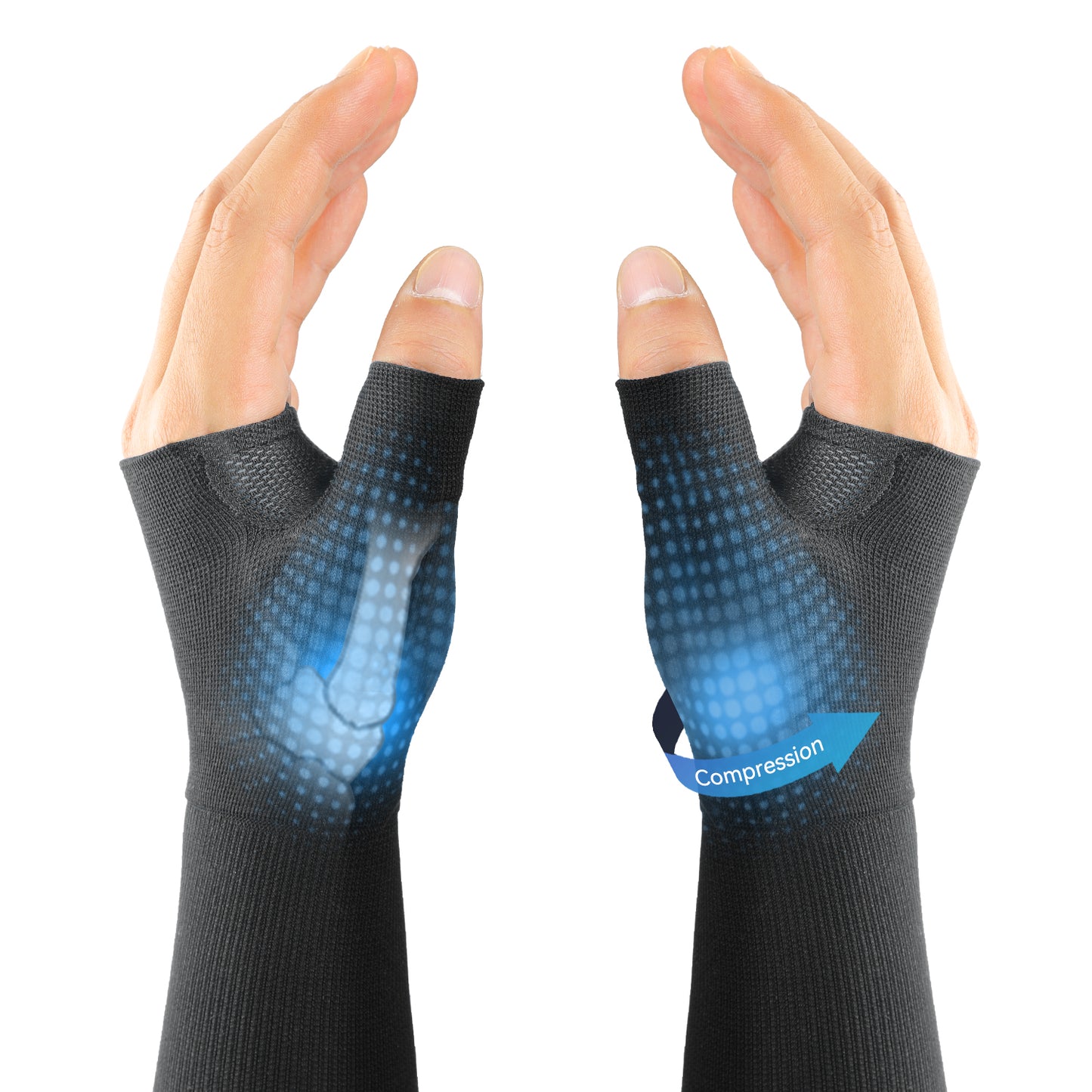 Fortemotus CMC Thumb Brace Wrist Compression Sleeves, main image showing breathable fabric and targeted compression to relieve thumb and wrist pain for both hands.
