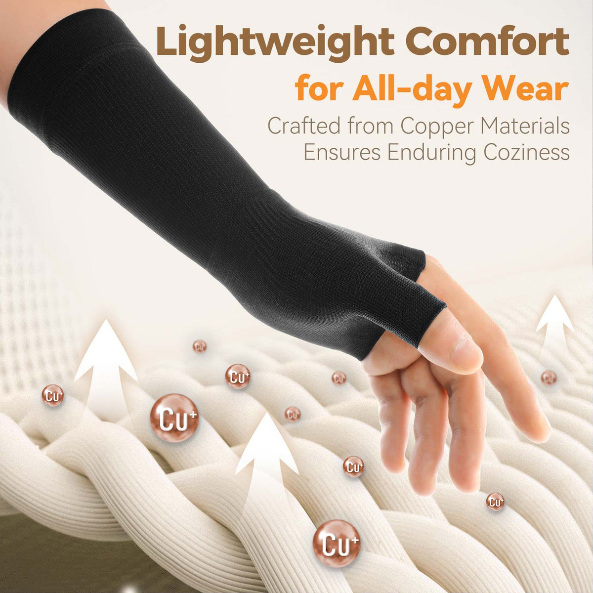 Fortemotus CMC Thumb Brace Wrist Compression Sleeve made with copper-infused fabric, showcasing ultra-lightweight, breathable, and comfortable design for all-day thumb and wrist support