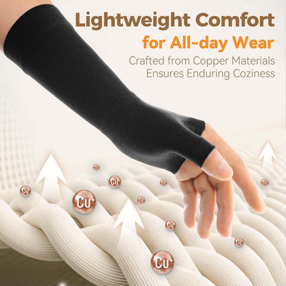 Fortemotus CMC Thumb Brace Wrist Compression Sleeve made with copper-infused fabric, showcasing ultra-lightweight, breathable, and comfortable design for all-day thumb and wrist support