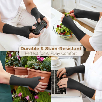 People wearing Fortemotus CMC thumb compression sleeve for gaming, cooking, gardening and typing on laptop, all‑day daily use.