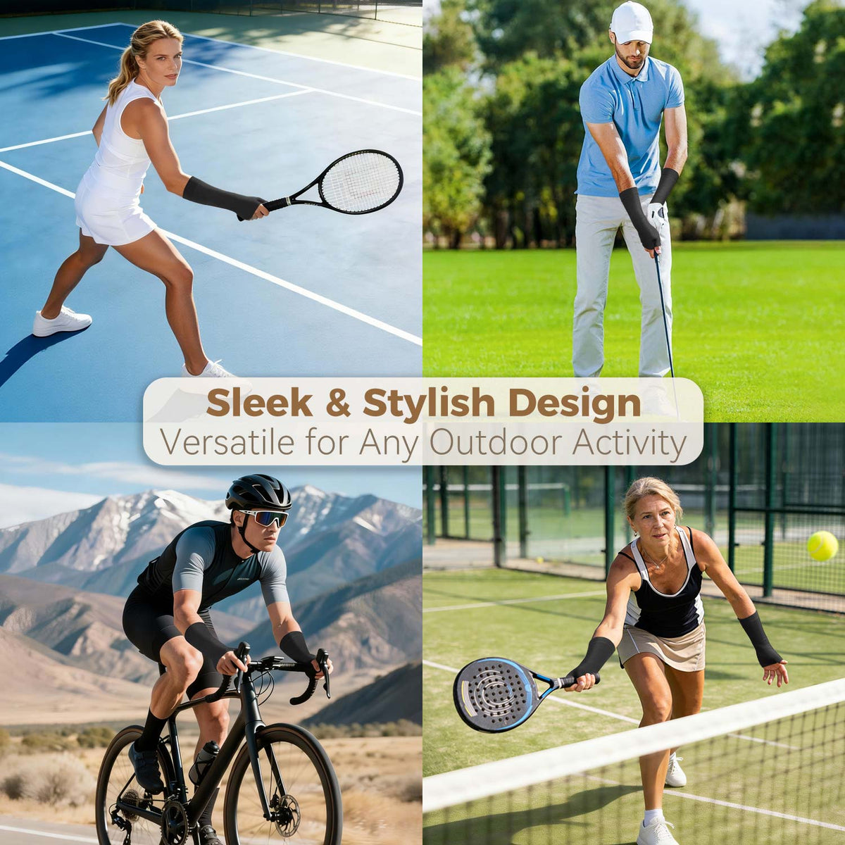 Fortemotus CMC thumb compression sleeve worn for tennis, golf, cycling and pickleball outdoor activities.