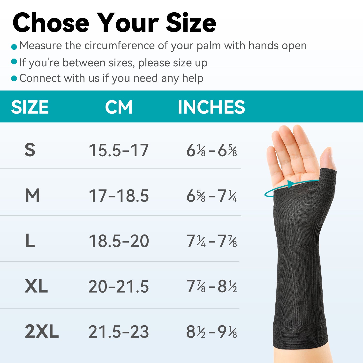 FORTEMOTUS size chart: measure palm circumference, size up if between sizes. S 15.5-17cm, M 17-18.5cm, L 18.5-20cm, XL 20-21.5cm, 2XL 21.5-23cm.