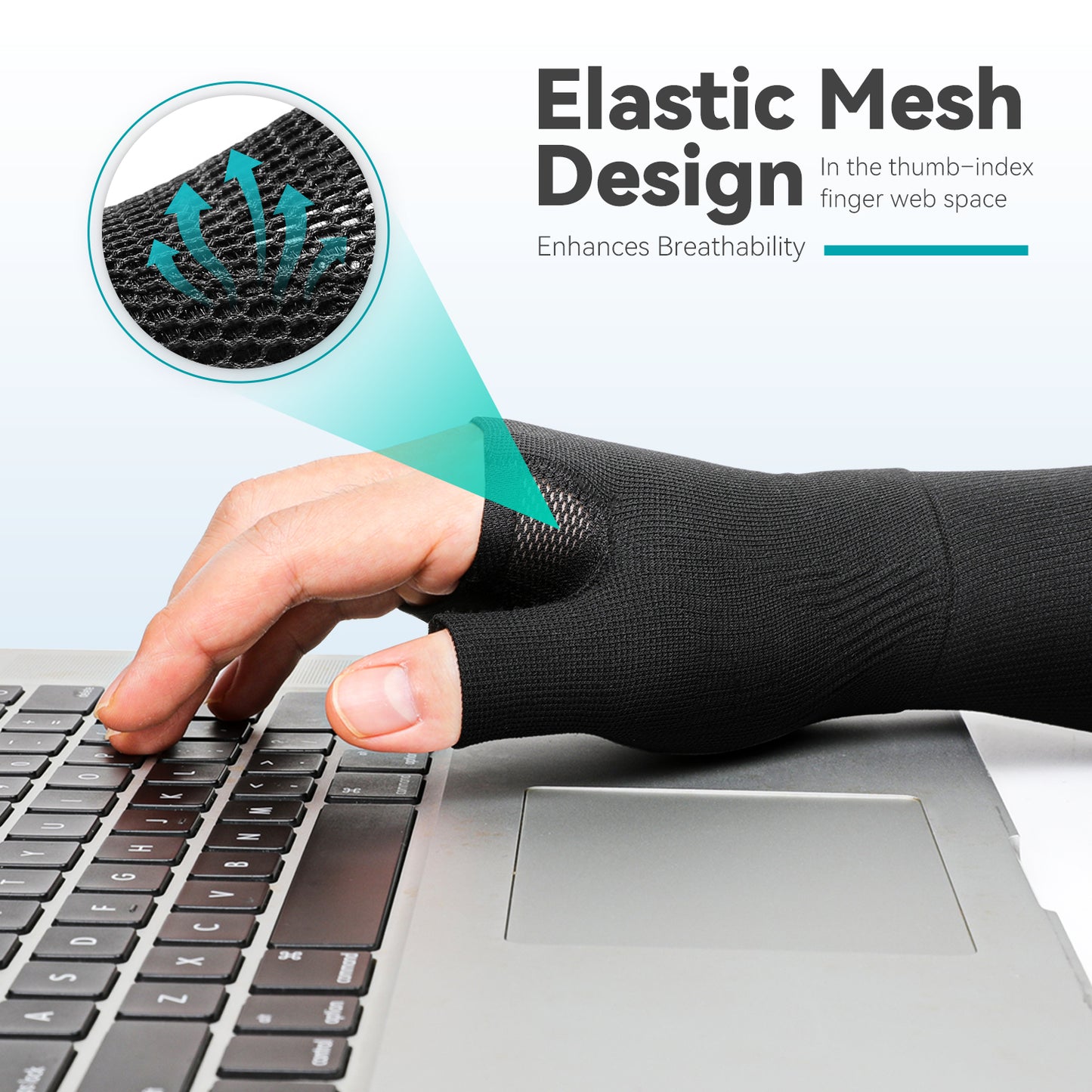 The thumb and index finger joints of a pair of CMC thumb wristbands are made of elastic mesh fabric to enhance breathability and make typing and daily use more comfortable.