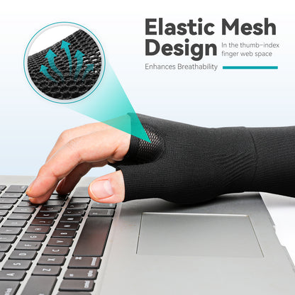The thumb and index finger joints of a pair of CMC thumb wristbands are made of elastic mesh fabric to enhance breathability and make typing and daily use more comfortable.