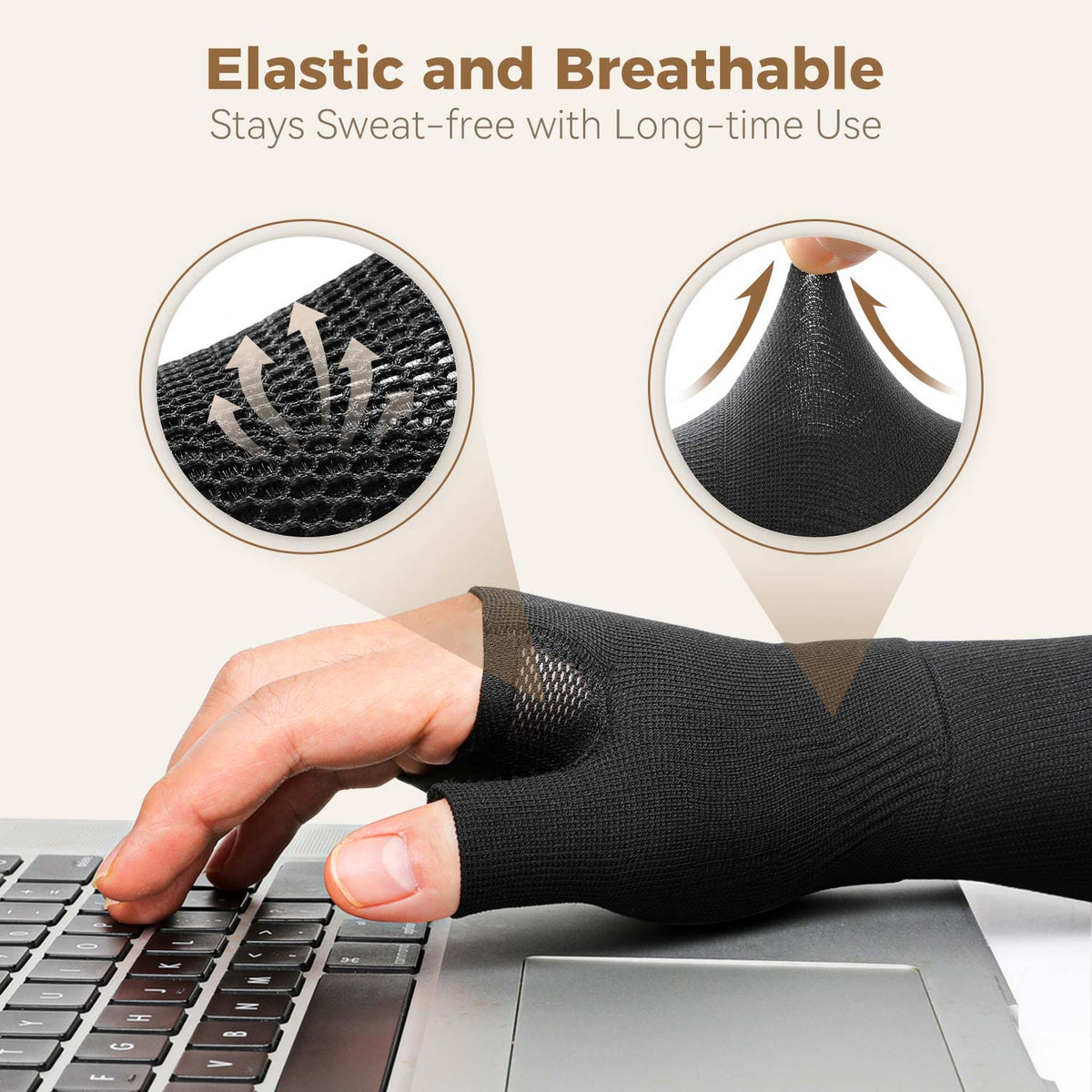 Fortemotus CMC Thumb Brace Wrist Compression Sleeve with ultra-stretchy fabric, demonstrating flexible, snug fit that conforms to the hand while maintaining secure compression for all-day comfort