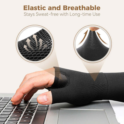 Fortemotus CMC Thumb Brace Wrist Compression Sleeve with ultra-stretchy fabric, demonstrating flexible, snug fit that conforms to the hand while maintaining secure compression for all-day comfort