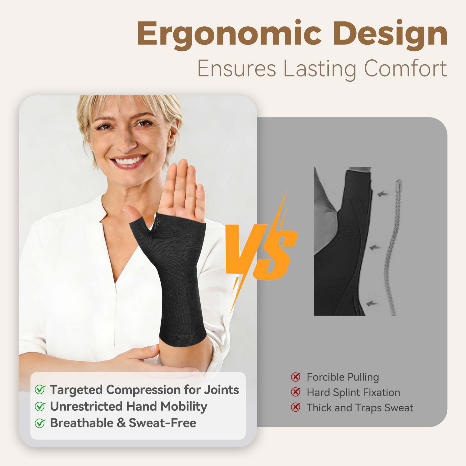 
Fortemotus CMC thumb compression sleeve comparison: flexible ergonomic support vs rigid hard splint brace