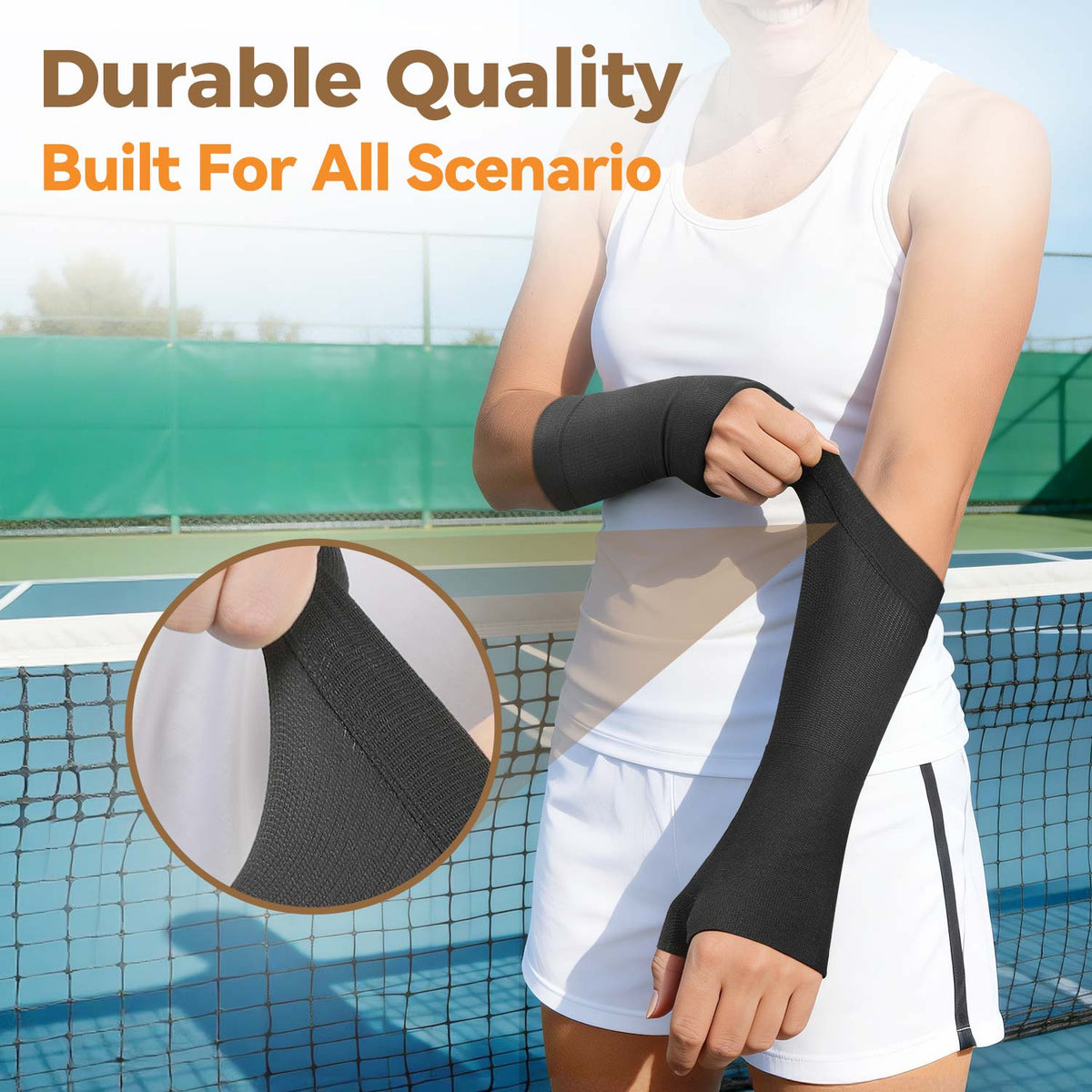 Woman stretching Fortemotus CMC thumb compression sleeve on tennis court, close‑up detail of stretchy durable knit fabric