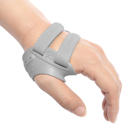 A gray finger splint worn on a person's hand, shown against a plain white background.