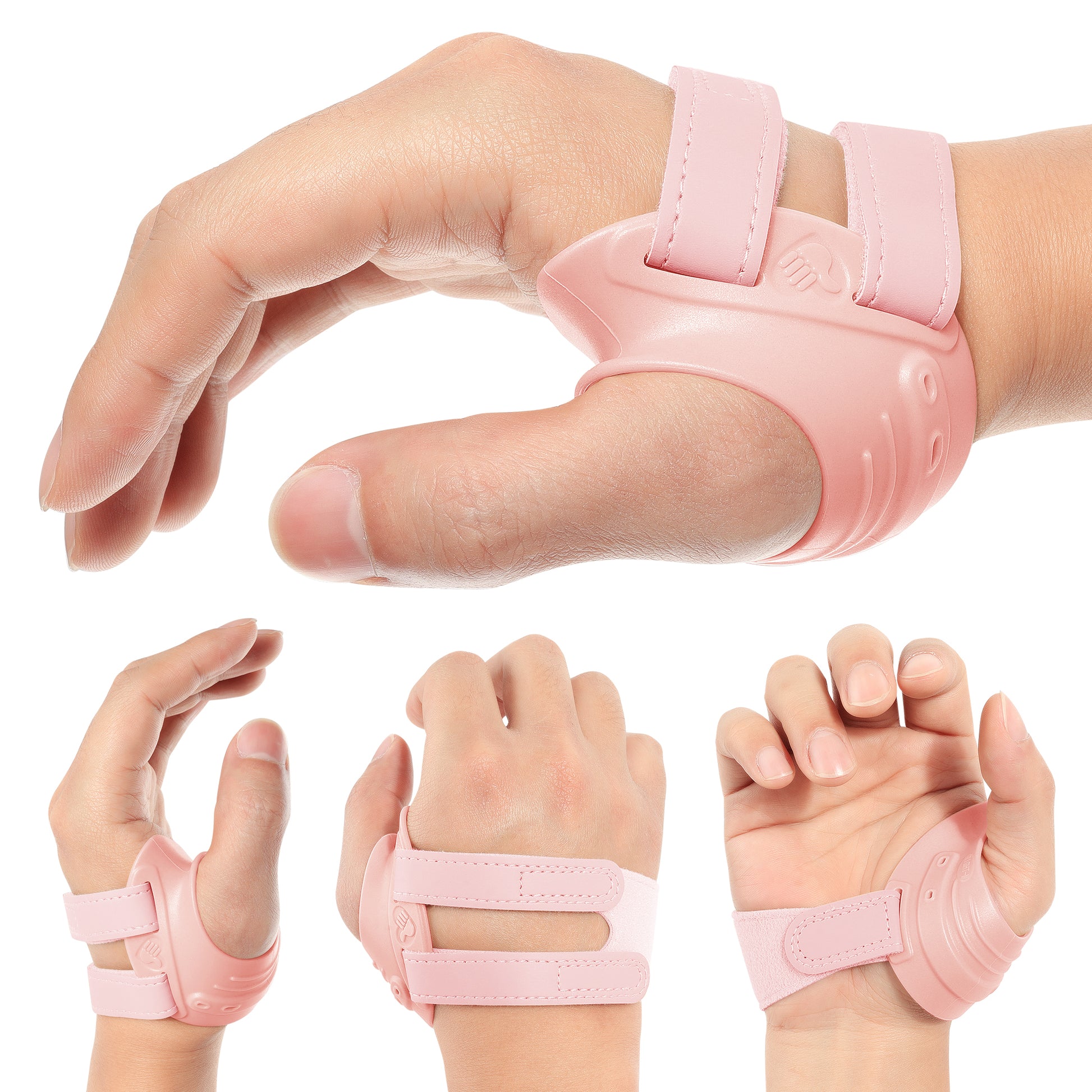 Four-angle collage of a pink Fortemotus thumb brace worn on hands, showing front, side, and palm views to demonstrate its adjustable straps and supportive design for the thumb base