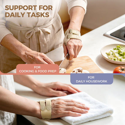 Split scene: person wearing beige FORTEMOTUS thumb brace chops mushrooms and folds towel. Text: Support for Daily Tasks, for cooking and housework.