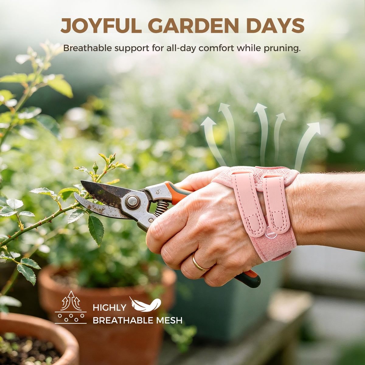 An elderly gardener wearing pink FORTEMOTUS thumb brace pruning plants. Its breathable mesh fabric delivers ventilated all-day hand support.