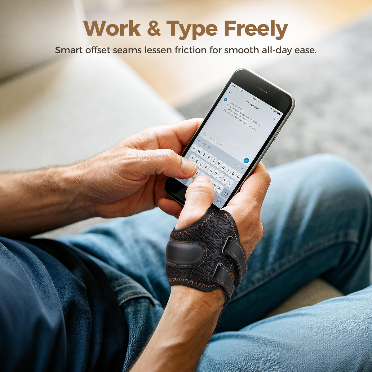 A man wearing a FORTEMOTUS thumb brace is typing on a smartphone. Image text: Work and type with ease; the offset seam design reduces friction, ensuring all-day comfort.