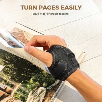 A person wearing a black FORTEMOTUS thumb brace turns book pages. Text "Turn pages with ease", showing its snug, comfortable fit for reading.