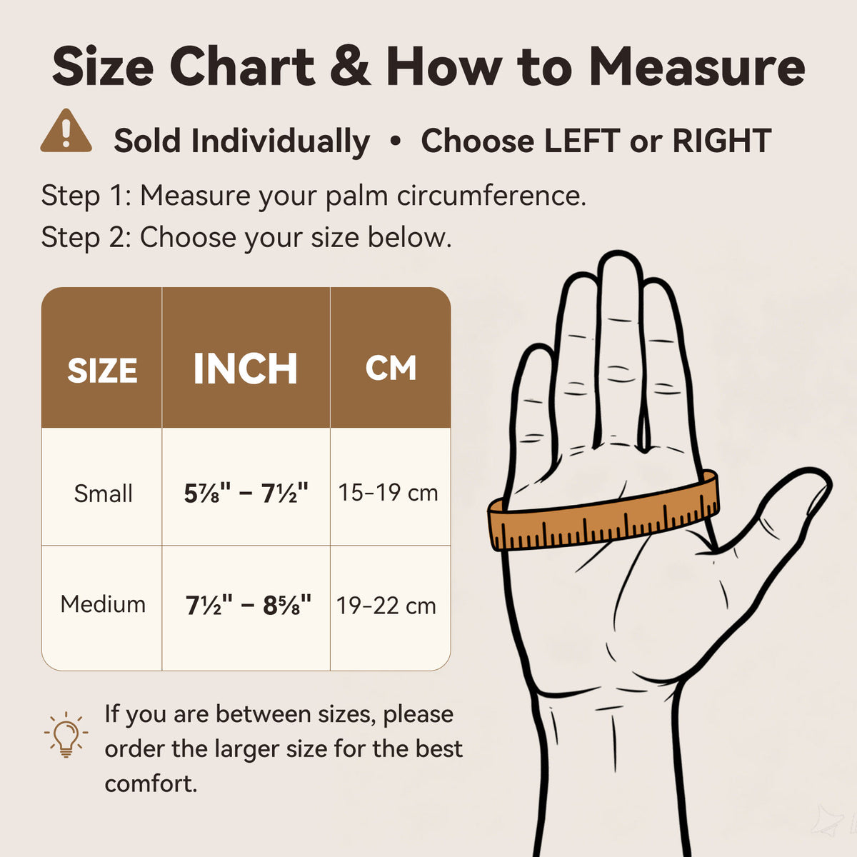 FORTEMOTUS thumb support size chart. Small:15–19cm, Medium:19–22cm. Diagram shows palm measurement guide, two adjustable straps.
