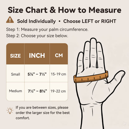 FORTEMOTUS thumb support size chart. Small:15–19cm, Medium:19–22cm. Diagram shows palm measurement guide, two adjustable straps.
