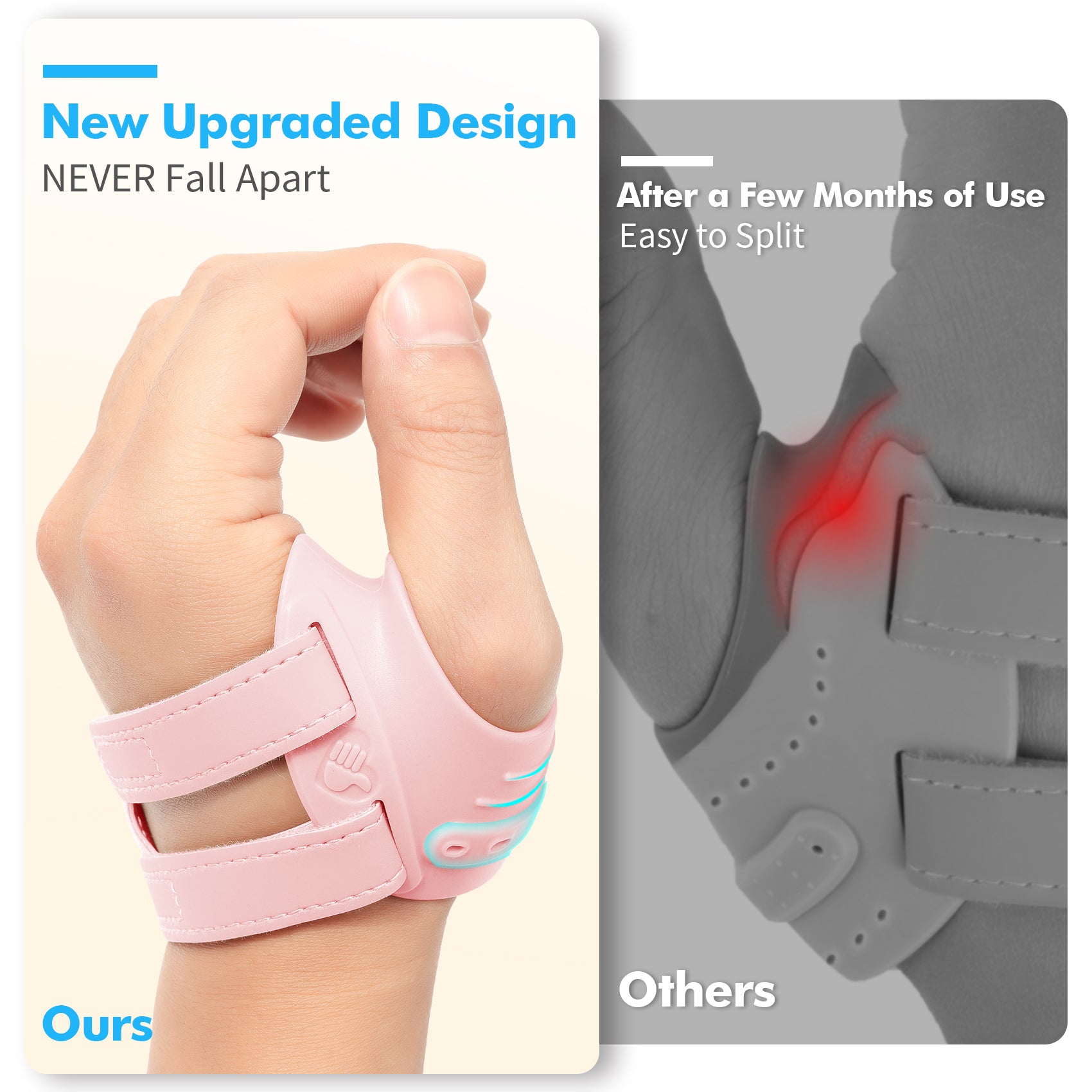Comparison of two thumb braces: left upgraded design stays intact, right competitor design splits easily after months of use