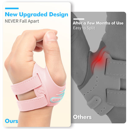 Comparison of two thumb braces: left upgraded design stays intact, right competitor design splits easily after months of use